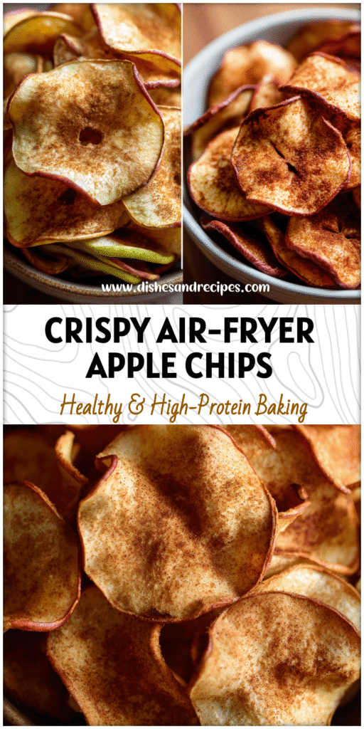 Golden Cinnamon Sugar Apple Chips stacked in a bowl showing the crisp texture of this Naturally Gluten Free snack.